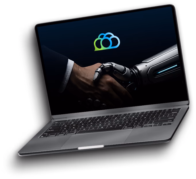 A laptop showing The Cloud Bootcamp platform: a human hand shaking a robot hand under the Cloud Bootcamp logo.