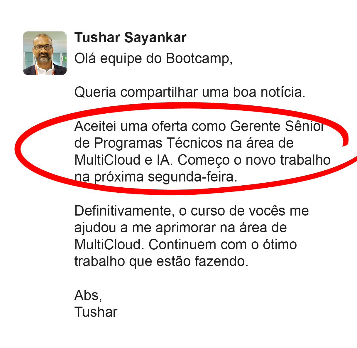 Depoimento do aluno Tushar Sayankar