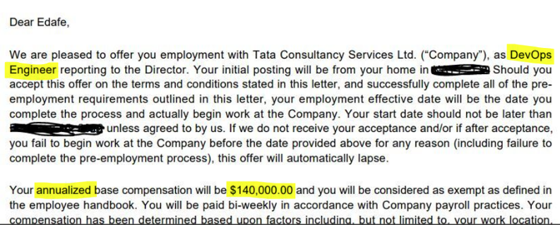 Offer letter received by student Edafe U. for a DevOps Engineer role