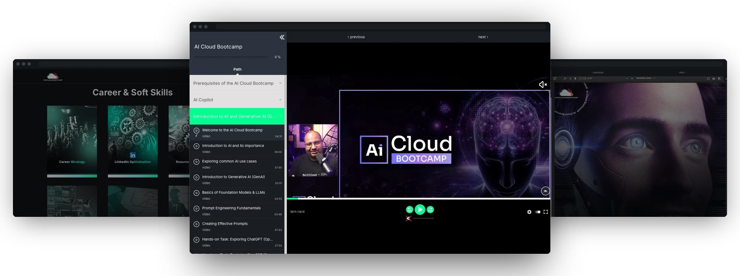 The Cloud Bootcamp learning platform: an AI Cloud Bootcamp video lesson playing in the centre window, with the course path beside it and the project catalogue and a course document open behind.