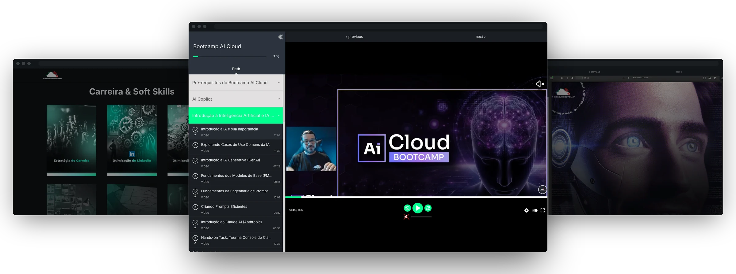 Plataforma de ensino da The Cloud Bootcamp: uma aula em vídeo do Bootcamp AI Cloud na janela central, com a trilha do curso ao lado e o catálogo de projetos e um e-book abertos ao fundo